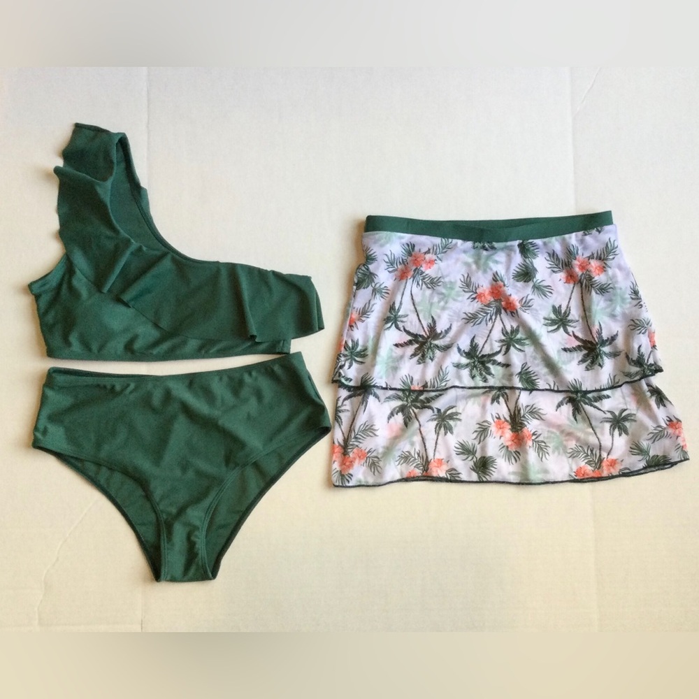 SHEIN NWT Girls Size 16Y Green Ruffle One Shoulder/Tropical Print Skirt 3 pc Set